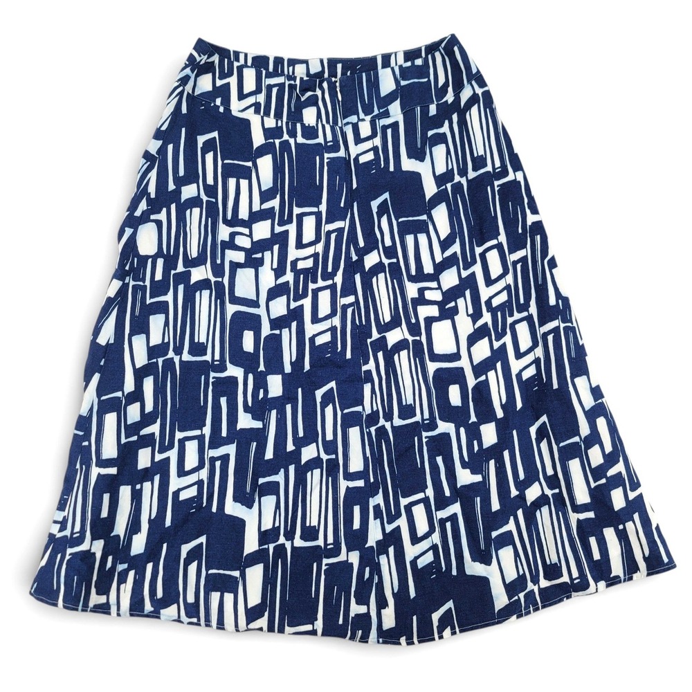 Lino USA Womens Large Skirt Linen Rayon Blue White Geometric A Line‎ Midi
